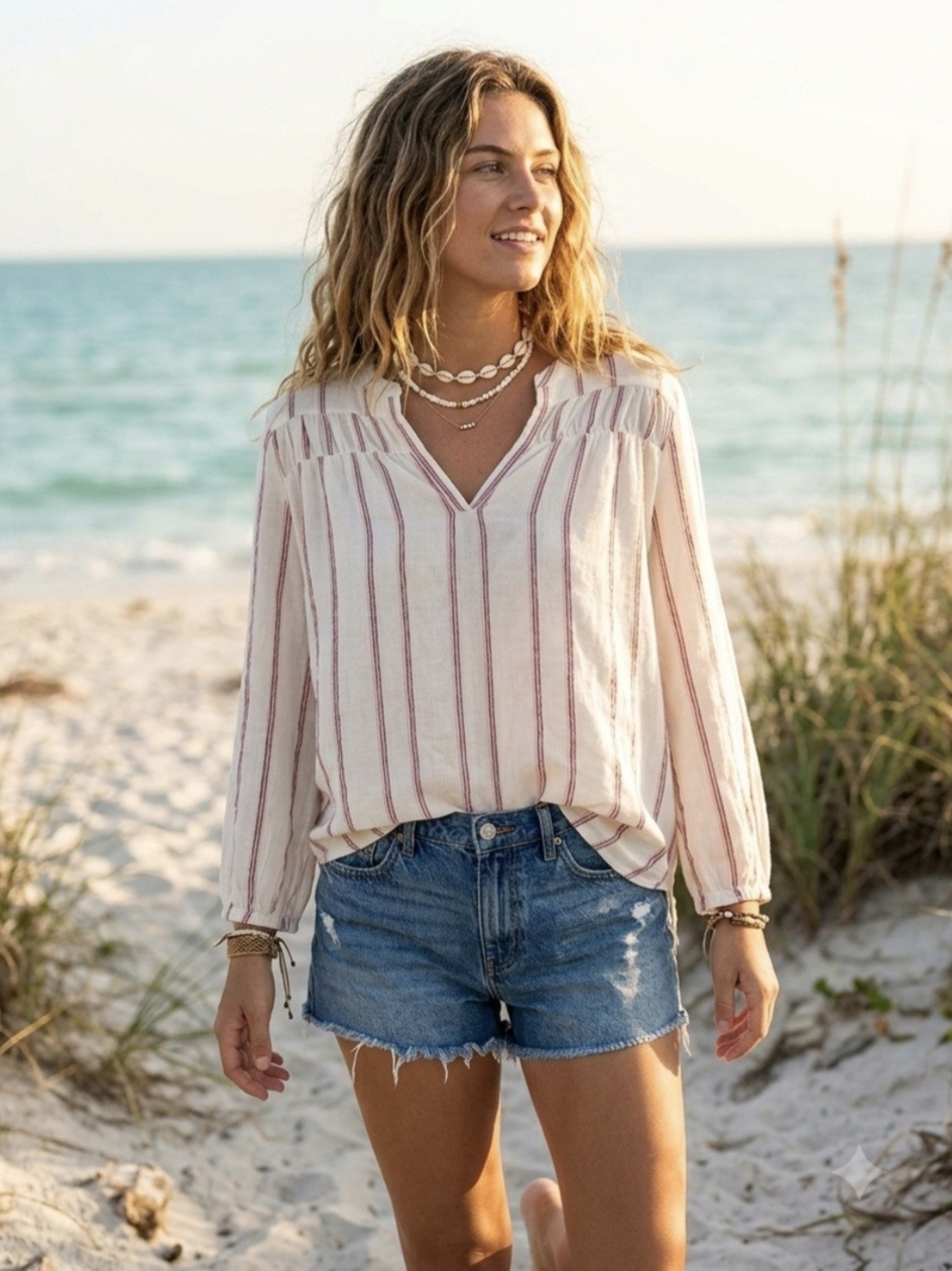 Splendid Cream V-Neck Tunic with Pink Stripes